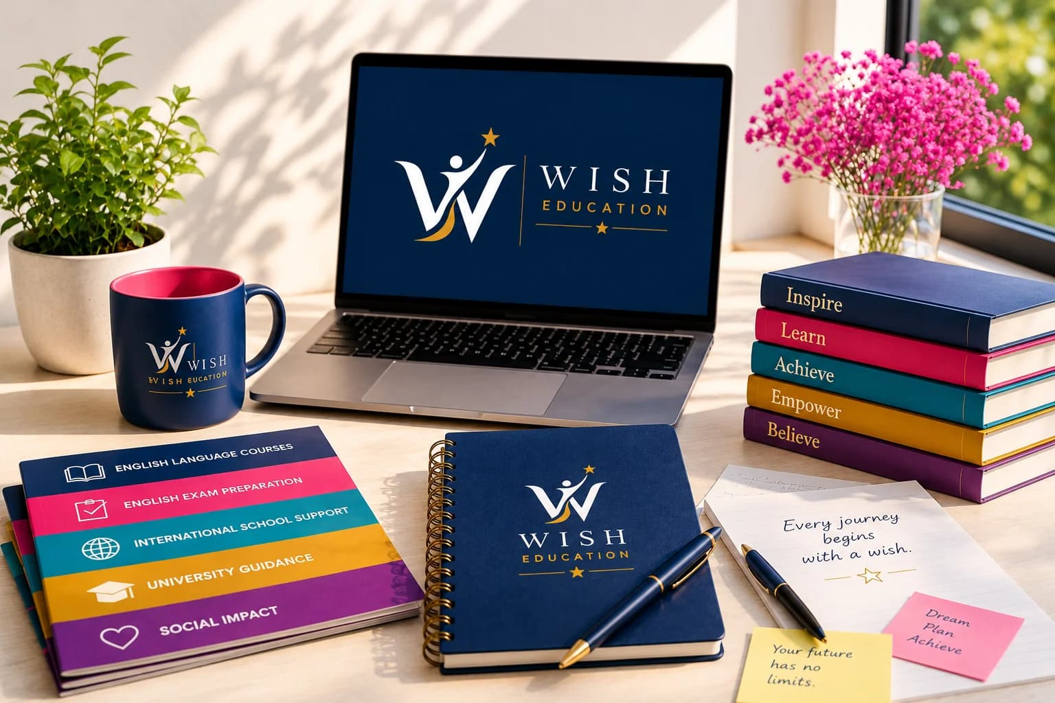 Birou WISH Education cu laptopul purtând sigla WISH, broșurile celor cinci programe și un caiet pe care scrie „Every journey begins with a wish”