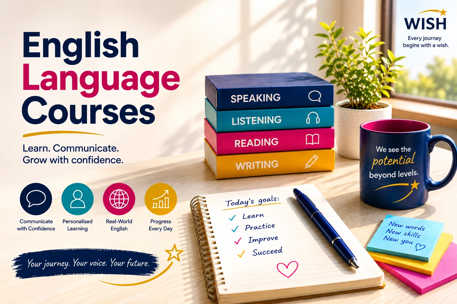 Vizual „English Language Courses” cu manuale colorate pentru speaking, listening, reading și writing și o cană WISH