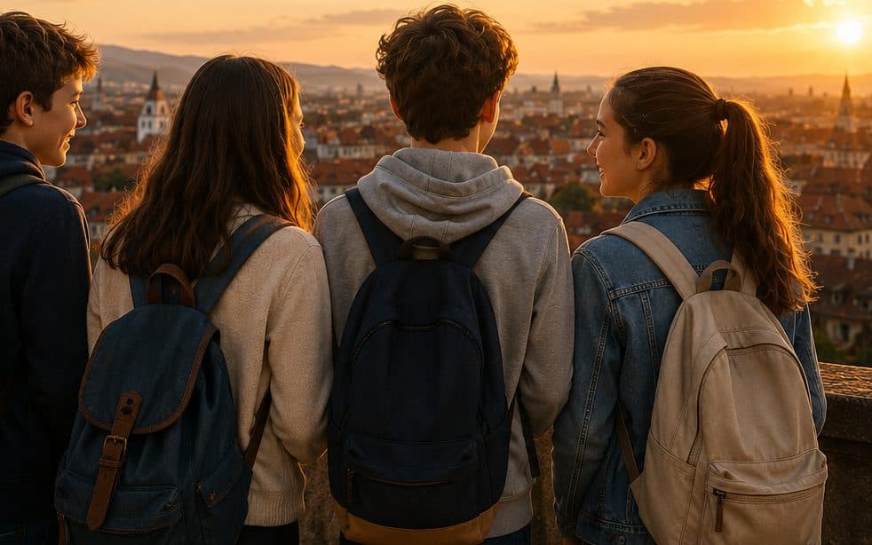 Patru adolescenți privind Sibiul la apus, de pe zidul cetății