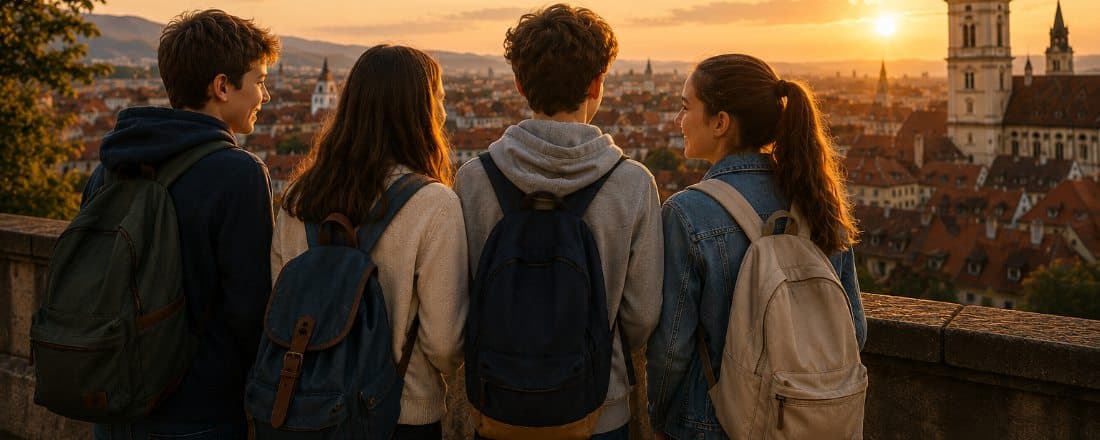 A panorama of the historic centre of Sibiu at sunset