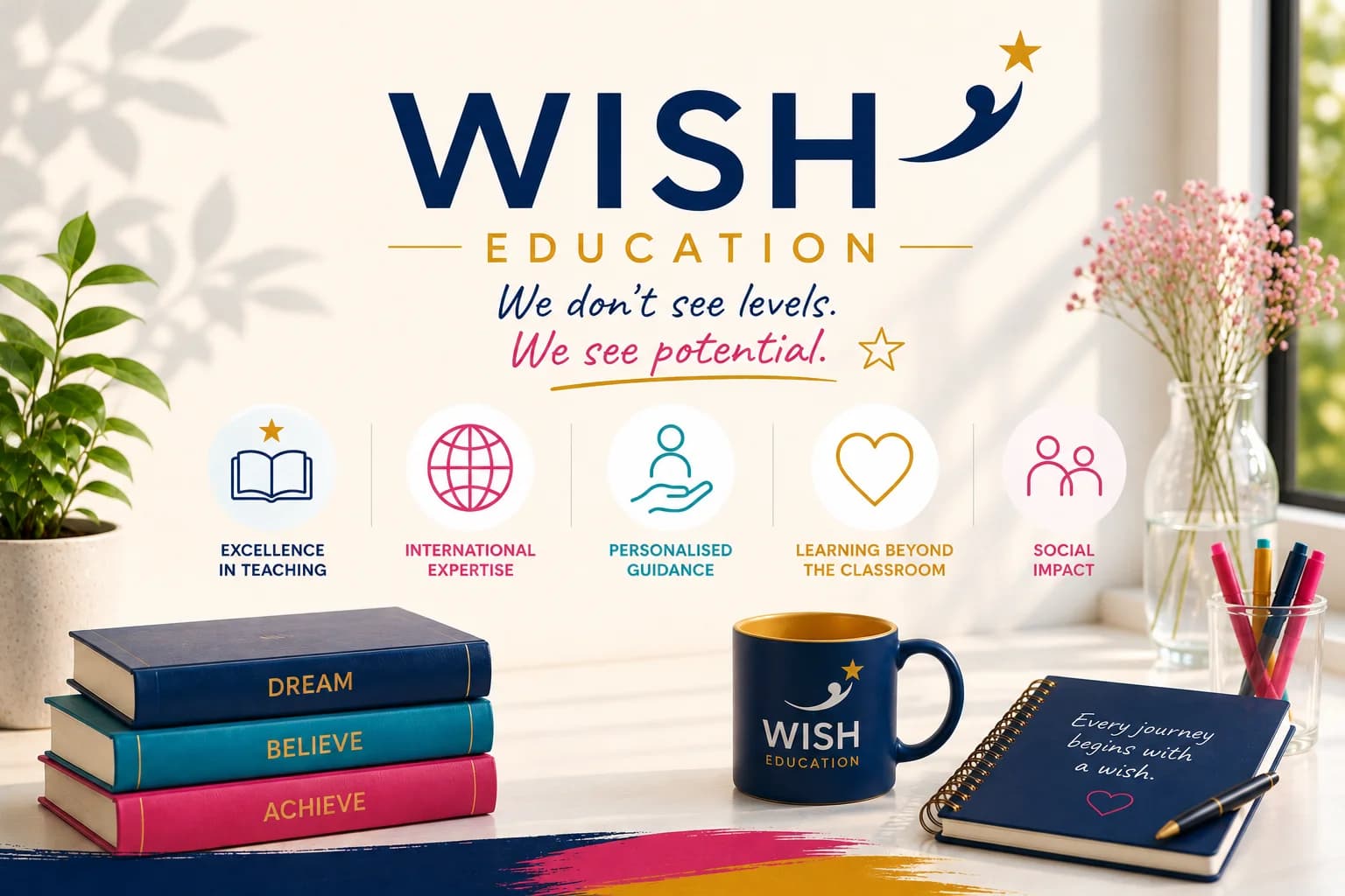 Vizual WISH Education cu deviza „We don’t see levels. We see potential.” și cele cinci valori ale centrului