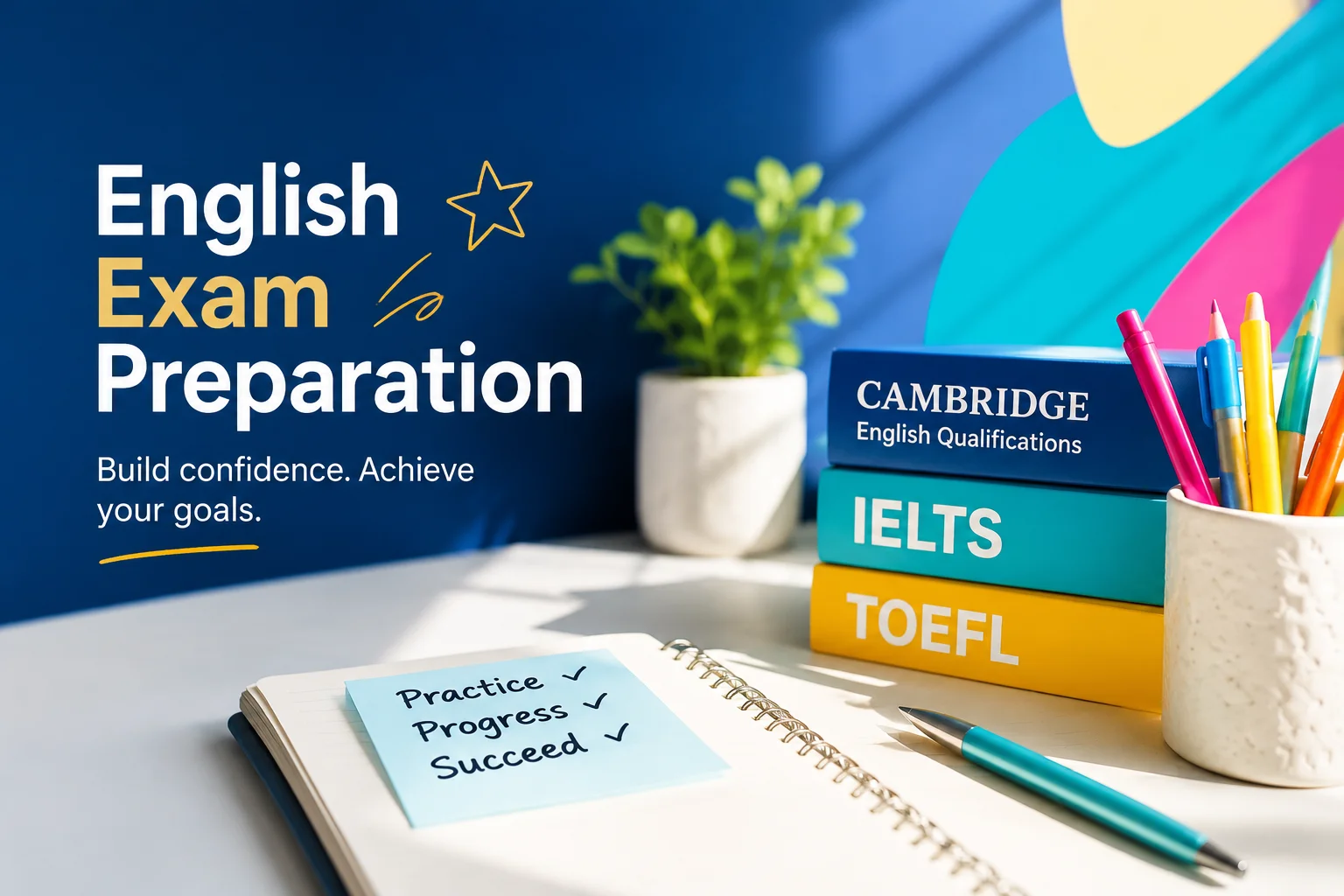 Vizual „English Exam Preparation” cu manuale Cambridge English Qualifications, IELTS și TOEFL și un caiet cu pașii Practice, Progress, Succeed