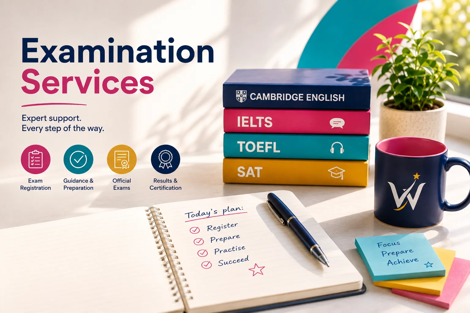 Vizual „Examination Services” cu manuale Cambridge English, IELTS, TOEFL și SAT