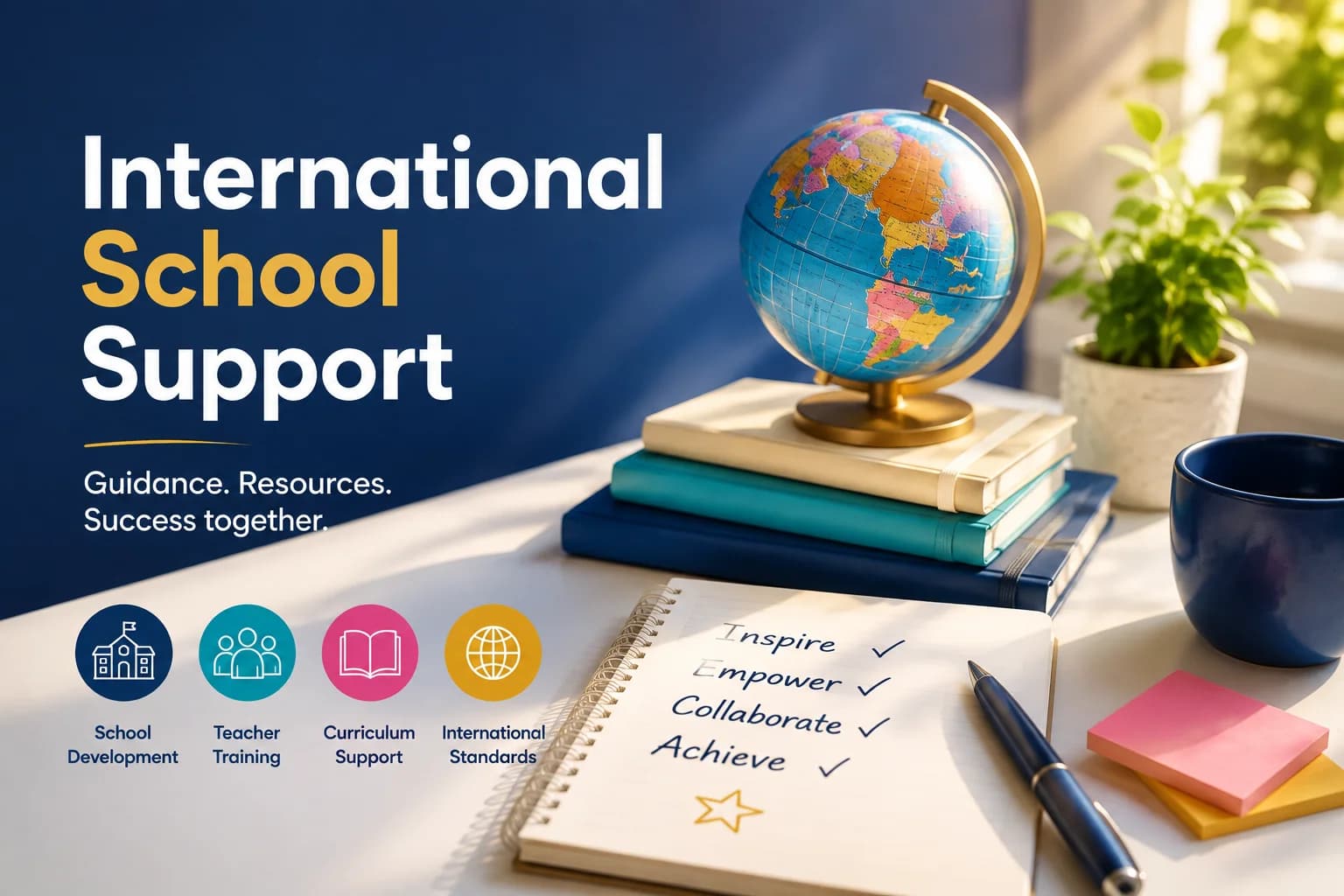 “International School Support” key visual with a globe on a stack of books and four strands: school development, teacher training, curriculum support, international standards