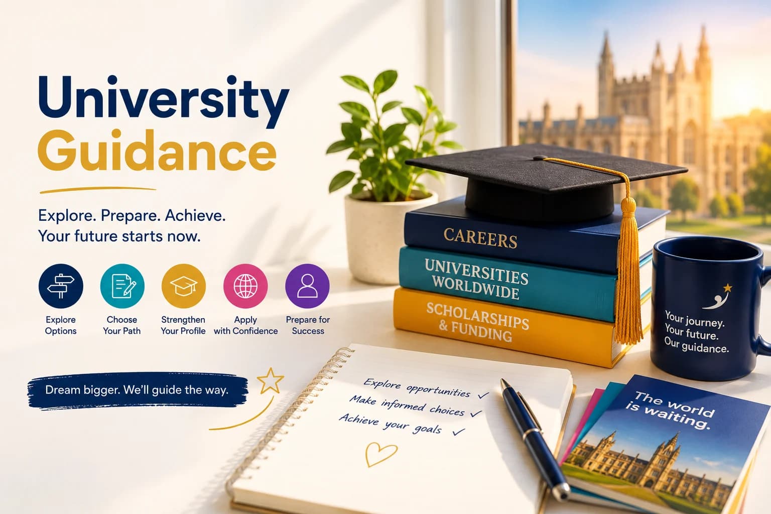 Vizual „University Guidance” cu o tocă de absolvire peste manuale despre cariere, universități și burse