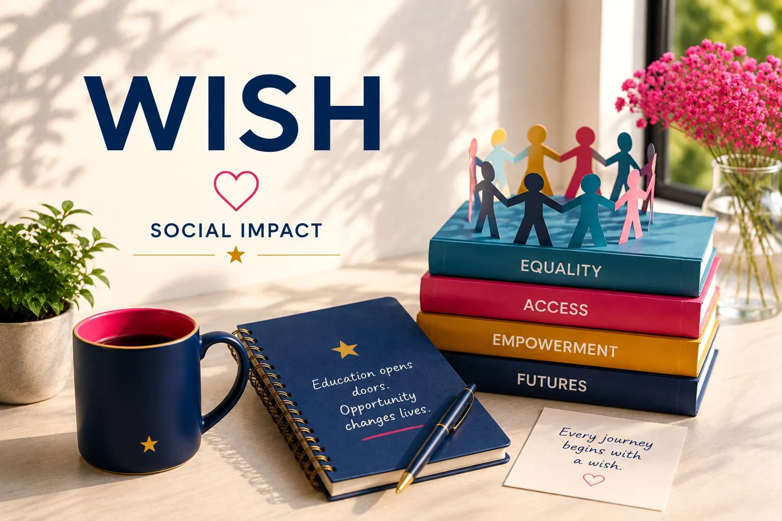 “WISH — Social Impact” key visual with paper figures holding hands above books titled Equality, Access, Empowerment, Futures