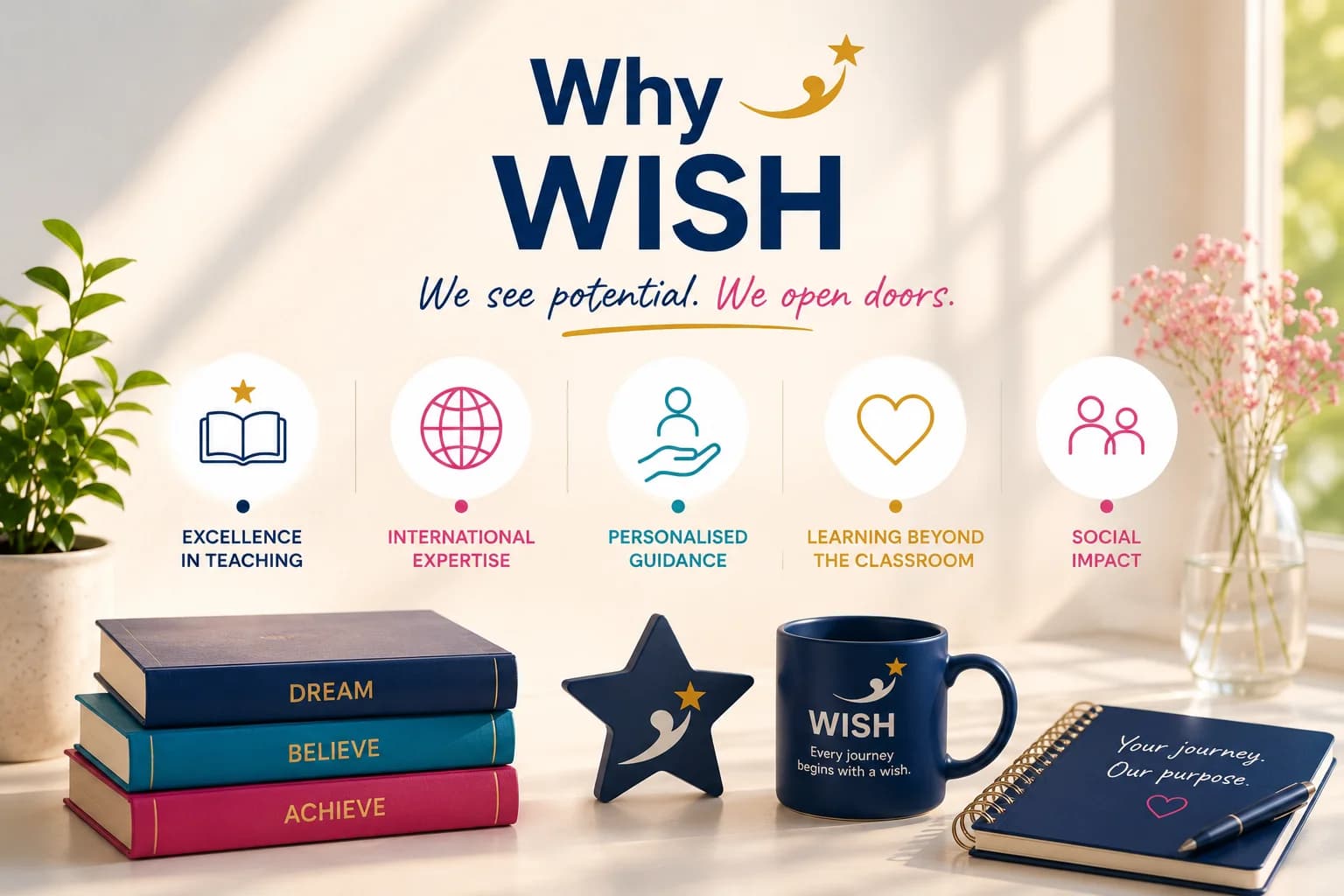 Vizual „Why WISH” cu deviza „We see potential. We open doors.” și cele cinci valori WISH, pe un birou luminos